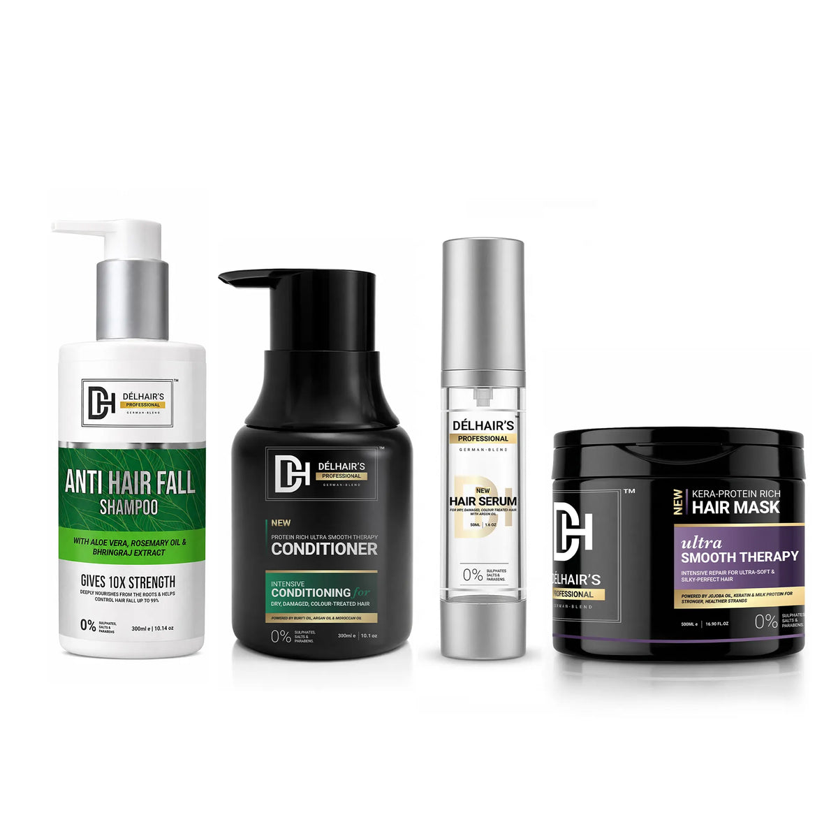 Délhair's Anti Hair Fall Shampoo, Conditioner, Serum & Hair Mask | Pack of 4 – 300ml/300ml/50ml/500ml