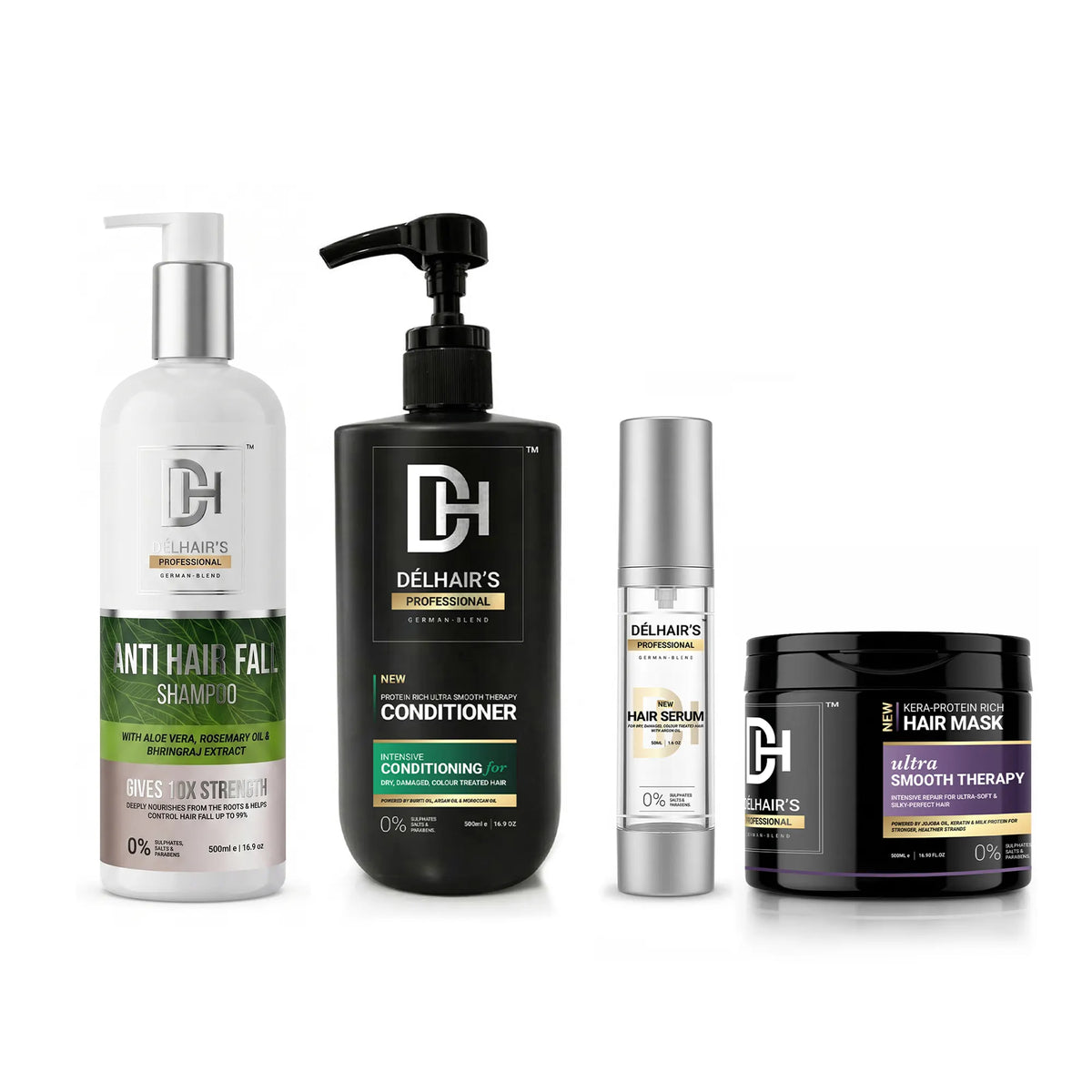 Délhair's Anti Hair Fall Shampoo, Conditioner, Serum & Hair Mask | Pack of 4 – 500ml/500ml/50ml/500ml