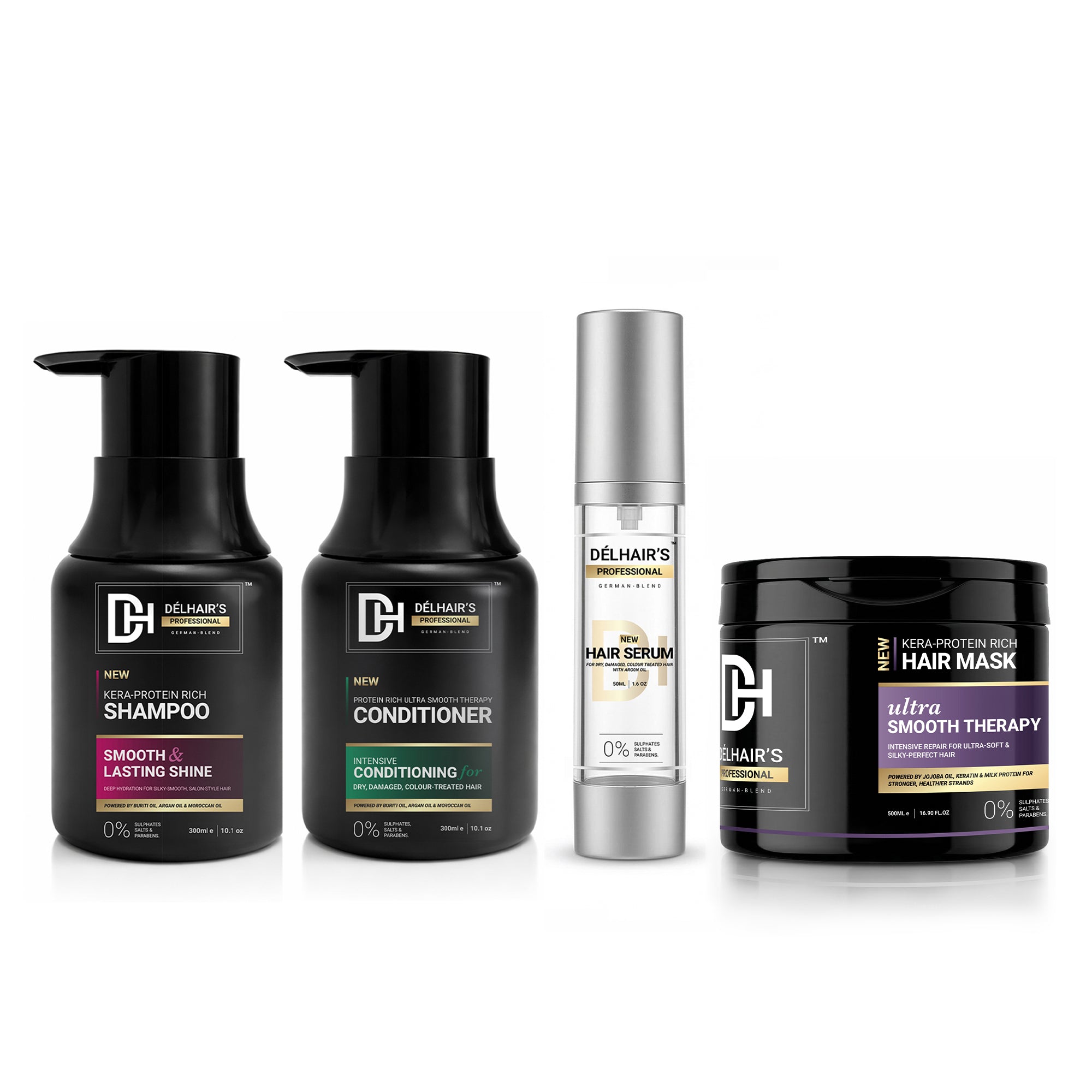 Delhairs Kera Protein Rich Shampoo, Protein Rich Ultra Smooth Therapy Conditioner, German Blend Serum & Delhairs Kera Protein Rich Hair Mask | Pack Of 4