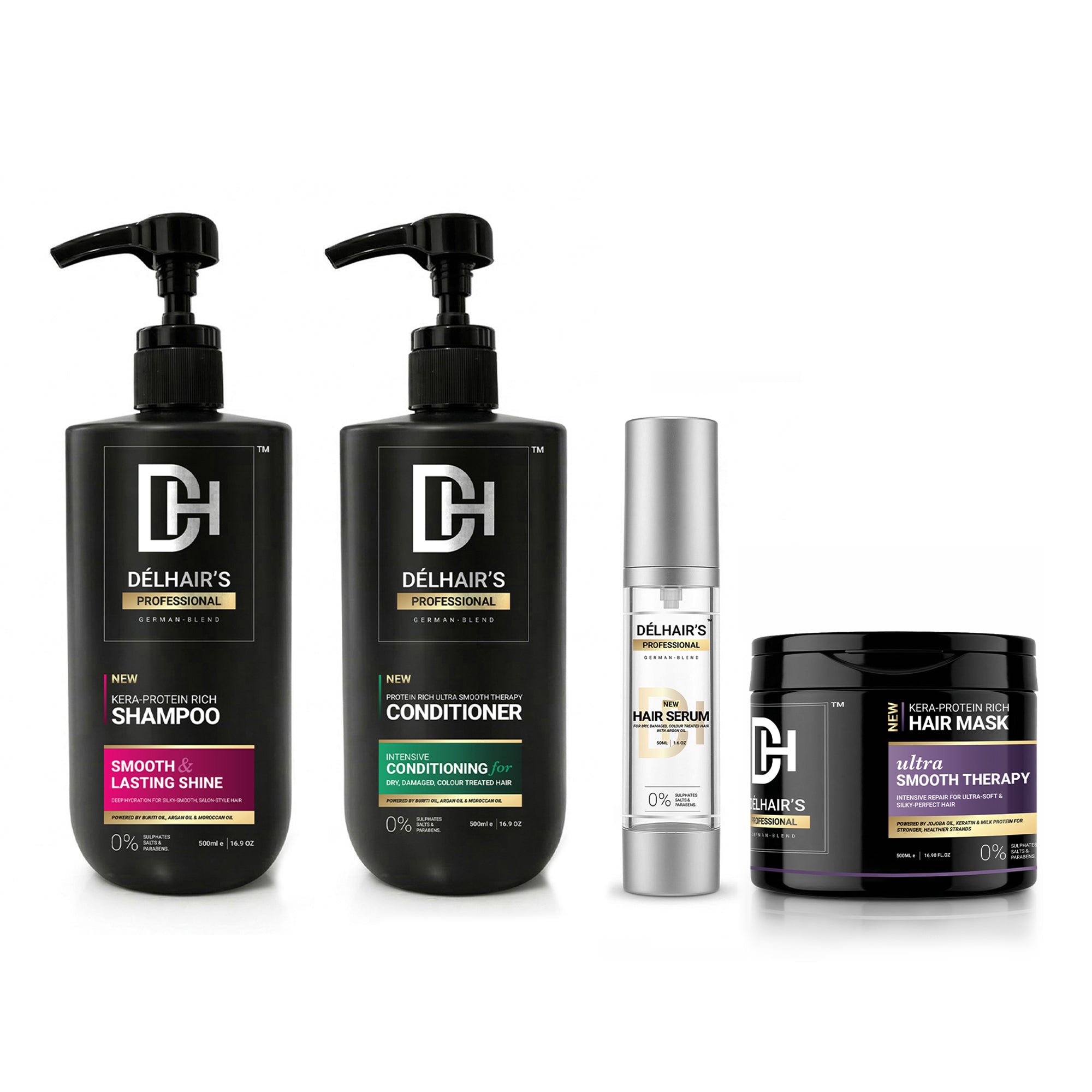 Delhairs Kera Protein Rich Shampoo, Protein Rich Ultra Smooth Therapy Conditioner, German Blend Serum & Delhairs Kera Protein Rich Hair Mask | Pack Of 4