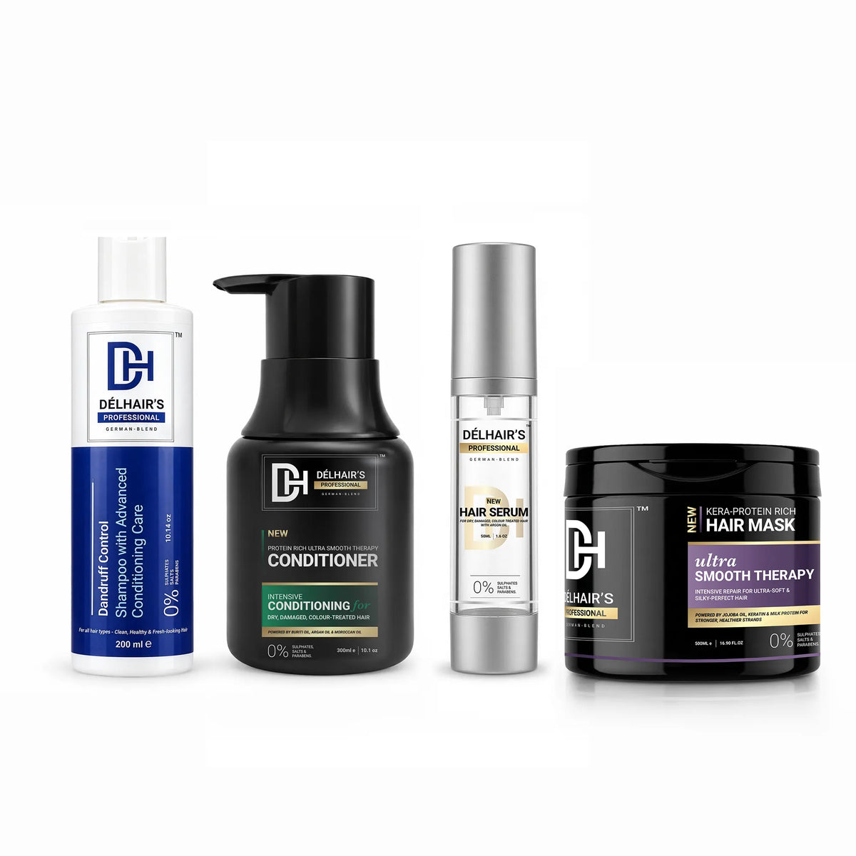Délhair's Dandruff Control Shampoo, Conditioner, Serum & Hair Mask | Pack of 4 – 200ml/300ml/50ml/500ml