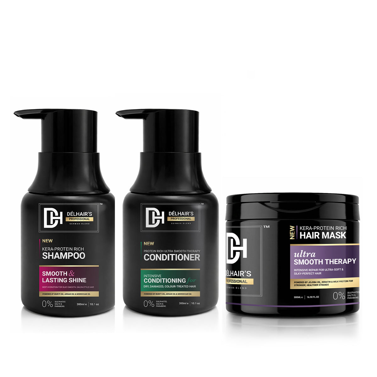 Délhair's Kera Protein Shampoo, Conditioner & Hair Mask | Pack of 3 – 300ml/300ml/500ml